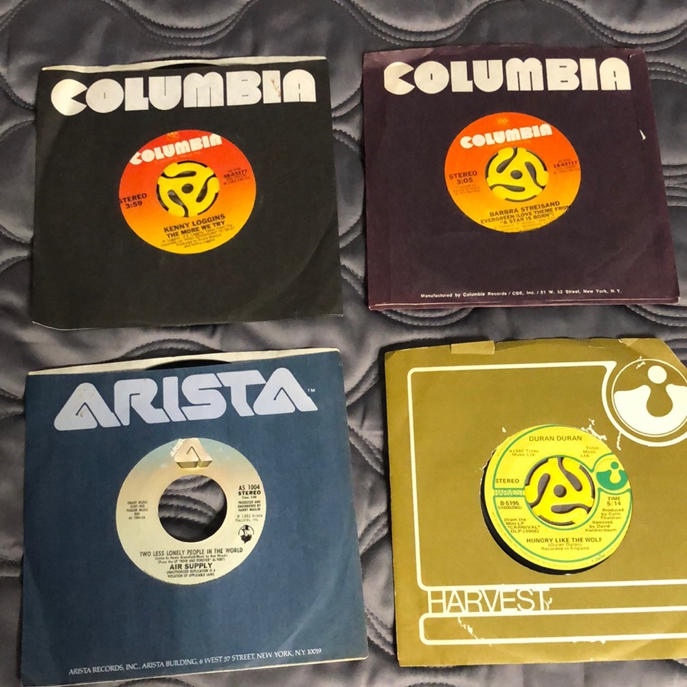 Vinyl Records 45 RPM Air Supply Barbra Streisand Duran Duran Kenny Loggins